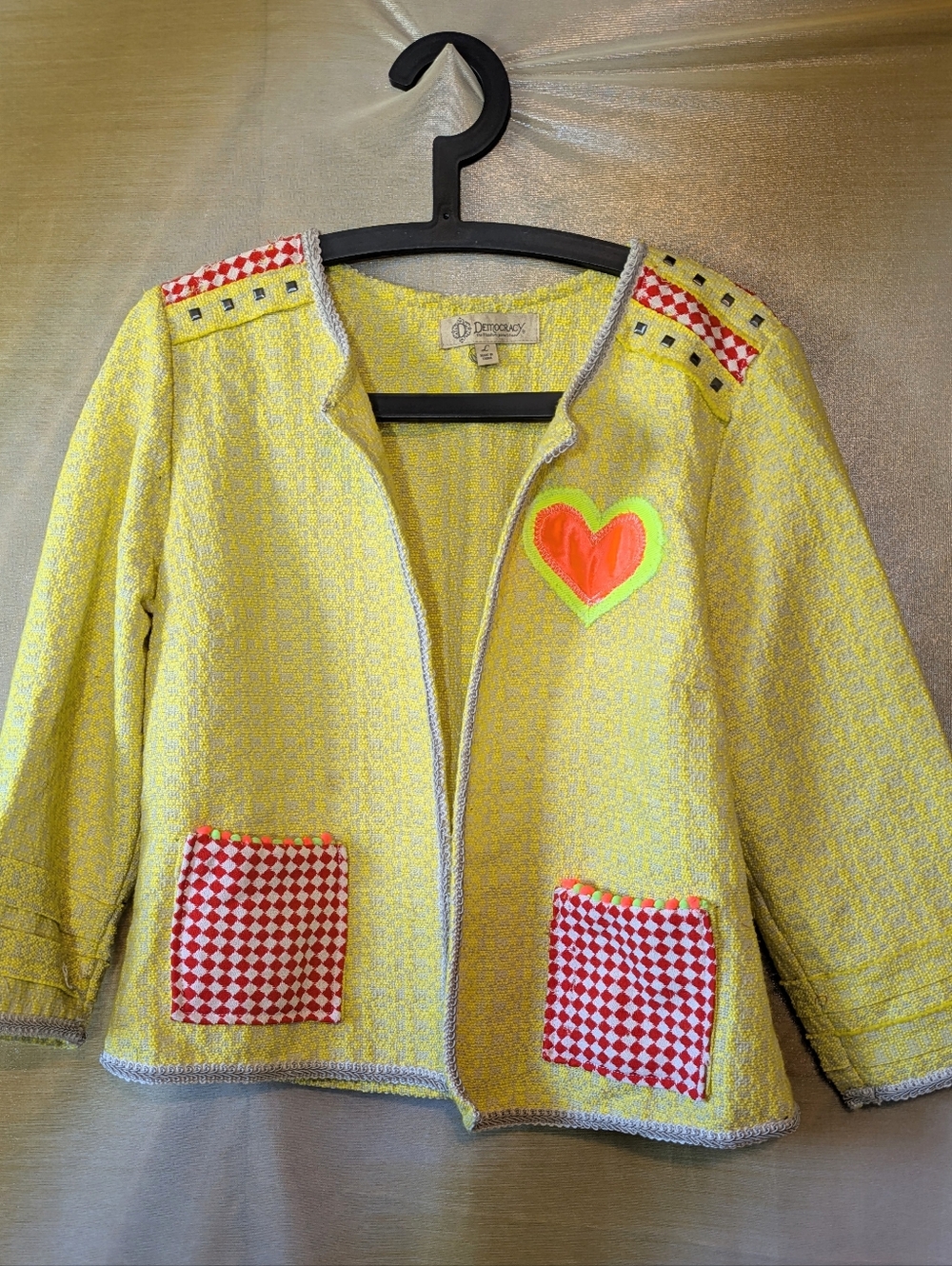 Democracy Yellow Cardigan with Pockets, Heart, Rivets